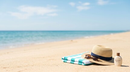 Obraz premium Summer Beach Vacation Essentials with Straw Hat Sunglasses and Sunscreen on Sandy Shore