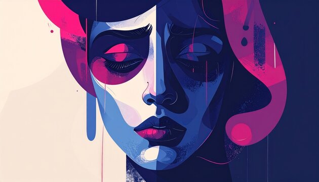 Abstract digital painting portraying a woman's emotional duality with contrasting vibrant and somber hues, reflecting a profound sense of introspection and fragmented identity