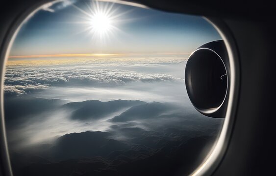 Serene sunrise seen through airplane window with jet engine, layered clouds and shadowed mountain ridges