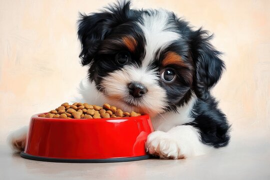 tricolor puppy resting paw on a red food bowl filled with kibble, wide curious eyes and an adorable pleading expression
