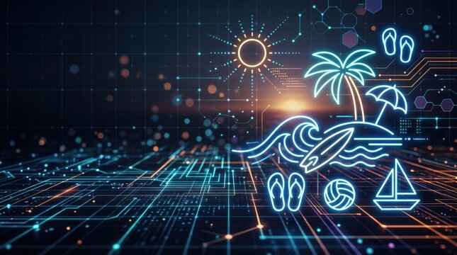 Digital Summer Vacation Concept with Neon Beach Icons and Circuit Board Technology Background