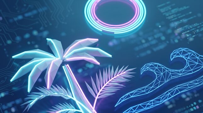 Digital Neon Palm Tree and Ocean Waves with Cyberpunk Circuit Board Background