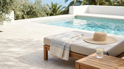 Obraz premium Luxury poolside lounge chair with straw hat and towel on a sunny Mediterranean terrace