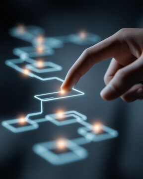 Automation Workflow Concept &ndash; Hand Interacting with Digital Pipeline and Process Flow