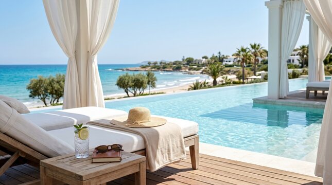 Luxury Infinity Pool Overlooking Tropical Beach Resort with Sun Lounger and Refreshing Drink