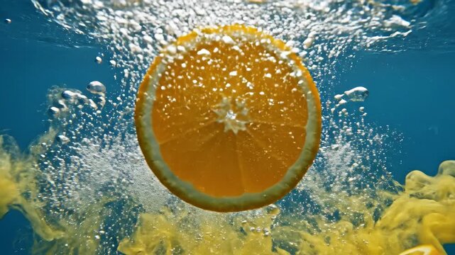 Close-up of a vibrant orange slice floating on the surface of clear blue water