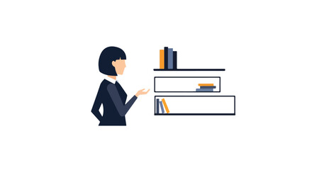 A professional woman stands in front of three wall shelves filled with books, gesturing towards them in a clean, minimalist flat vector style. © Violet