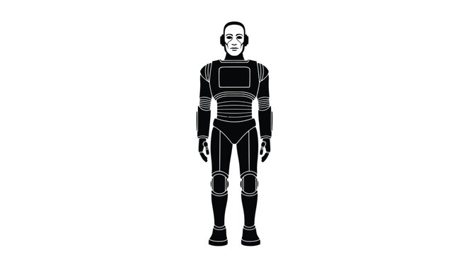 Black and white illustration of a standing futuristic robot character with a human shaped head