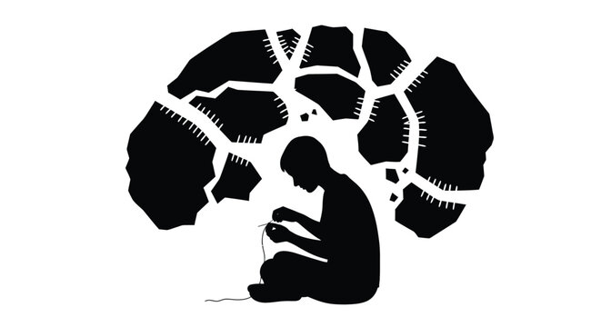 Silhouette of a person carefully stitching together a broken brain shape to restore mental health