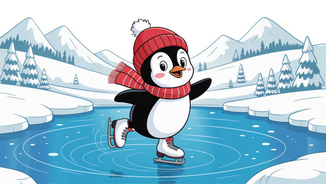 Cartoon character skating on ice with red hat and scarf in winter setting