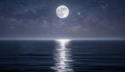 Fototapeta premium Moonlight reflects on calm ocean water at night near the shore under a clear sky with stars