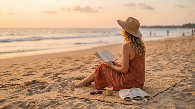 Young woman reading a book on a sandy beach during a peaceful golden hour sunset