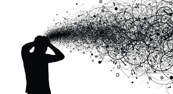 Silhouette of a person feeling overwhelmed by thoughts represented through chaotic abstract black ink lines