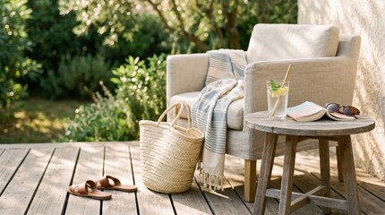 Obraz premium Cozy Outdoor Patio Relaxation Scene with Straw Bag and Book on Wooden Deck