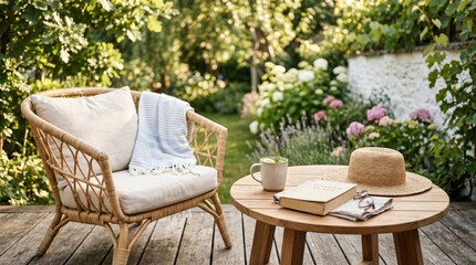 Obraz premium Cozy Garden Patio Setup with Rattan Chair and Book on Wooden Table in Summer