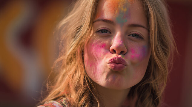 Playful young woman with colorful holi powder on her face making a kissy face, festival or celebration concept.