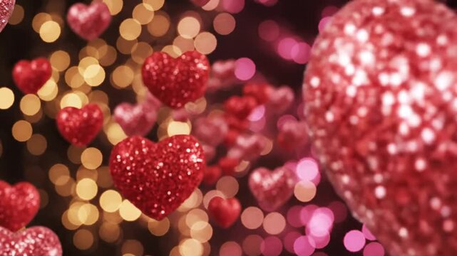 Sparkling Red Hearts Floating with Bokeh Lights Background.