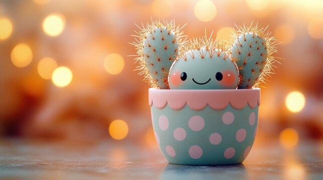 smiling prickly cactus with rosy cheeks in a pastel polka dot pot against warm bokeh lights, cute cheerful cozy mood