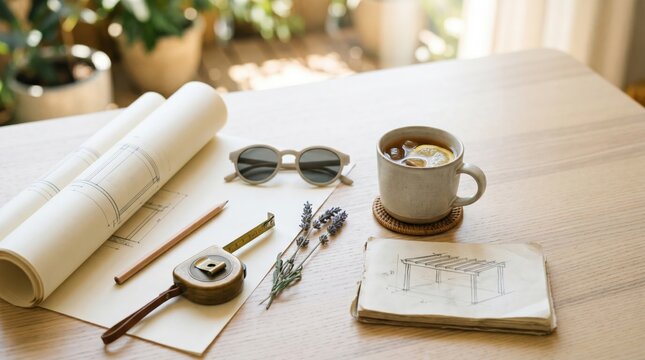 Architectural Pergola Design Planning with Blueprints and Tools on Wooden Table