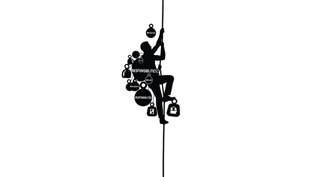 Silhouette of a person climbing a rope while carrying many heavy weights labeled as work responsibilities