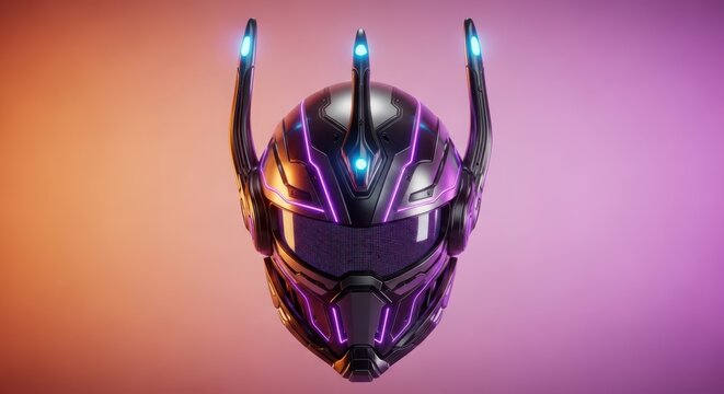 futuristic sci-fi helmet with neon cyberpunk lighting on gradient background