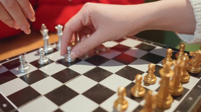 White woman moves chess in cafe, closeup finger capturing pawn on black and white board, metallic gold and silver pieces, rapid tactical exchanges, friendly rivalry and focused concentration, warm