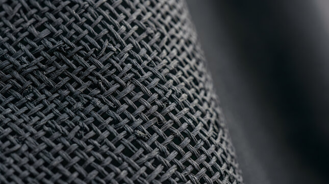 Macro Texture of Black Woven Mesh Fabric. Extreme close-up shot showing the intricate woven pattern and synthetic fibers of a dark black mesh material or industrial filter cloth with shallow depth of 