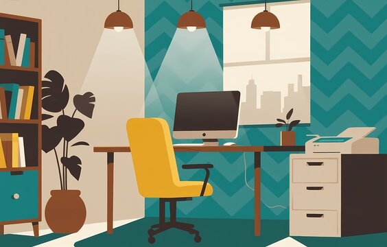 A contemporary modern office interior features an empty desk with a laptop and computer chair in a light filled business workplace room
