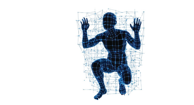Human silhouette trapped inside a glowing blue wireframe structure representing digital confinement and virtual isolation concepts