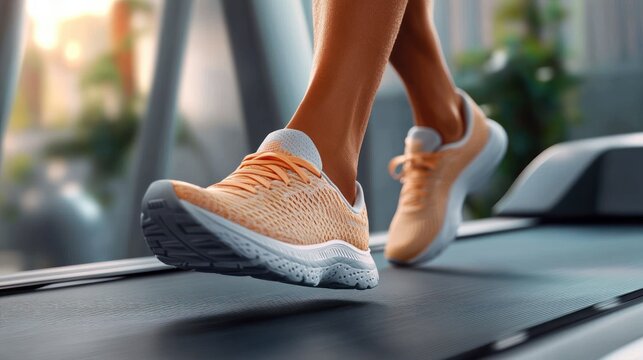 Close-up of bare legs wearing orange running shoes jogging on a treadmill, energetic motion and focused workout in a bright indoor gym