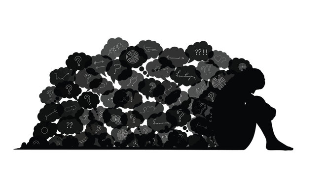 Depressed silhouette sitting alone while surrounded by numerous dark thought bubbles filled with complex confusion