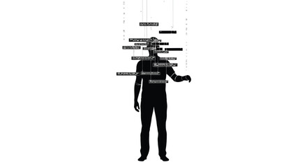 Naklejka premium Black silhouette of a human standing with floating digital interface panels above their head isolated
