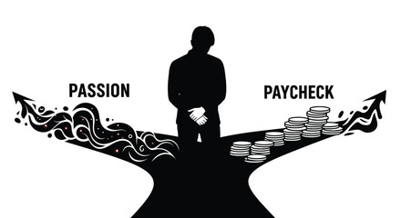 A man stands at a crossroads deciding between following his passion or earning a regular paycheck © Sher