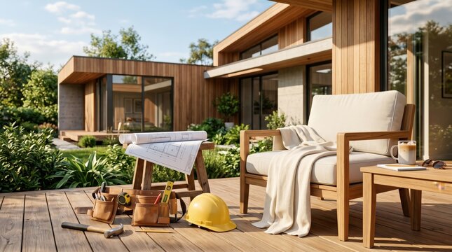 Modern Home Renovation Project Concept with Blueprints and Construction Tools on Wooden Deck