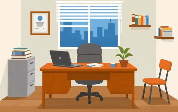 A modern office interior design features an empty desk with a computer and laptop on a wooden table near a window in a contemporary workspace room