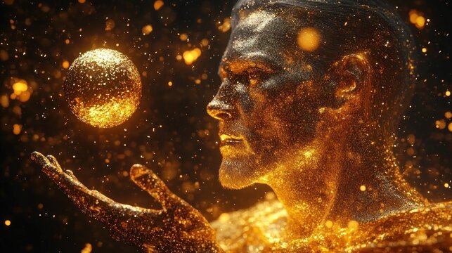 golden glitter humanoid with outstretched hand holding a levitating sparkling orb amid floating golden particles, evoking ethereal wonder