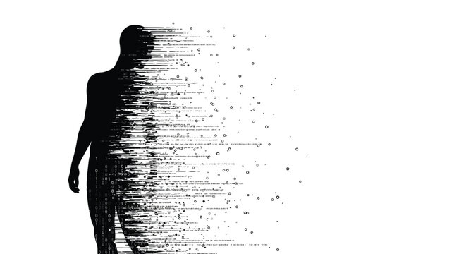 Human silhouette dissolving into digital binary code particles on a clean white background for conceptual art