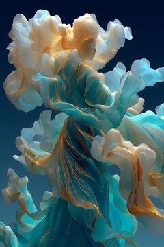 Cloud Deity Poster, Pale Cyan Gradient Background, Translucent Ribbons, Moon White and Soft Gold, Rising and Swirling, Inspired by Qu Yuan, Commercial Use