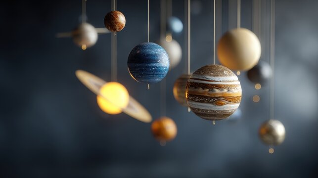Hanging solar system model with detailed planets Jupiter and Saturn against a dark background.