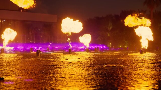 Spectacular nighttime pyrotechnic water show featuring towering fireballs erupting from metal pedestals over a reflective pool illuminated by vibrant purple LED lights with palm trees in background.