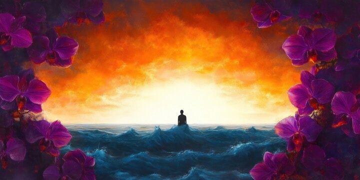 solitary silhouette meditating on rolling ocean waves at a glowing orange sunrise framed by vivid purple orchids, evoking peaceful contemplation