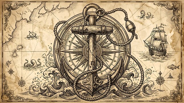 Vintage Nautical Anchor and Compass Rose Illustration on Aged Treasure Map Background with Sailing Ship