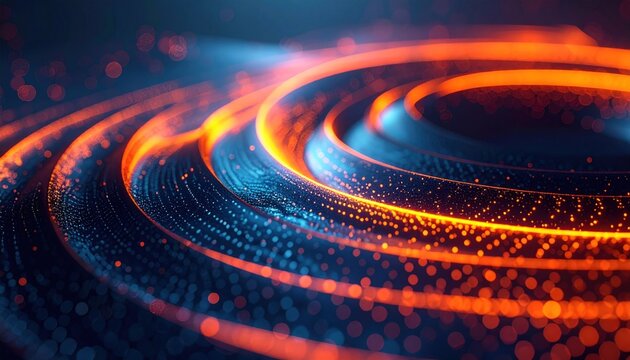 Abstract digital spiral vortex of glowing blue and orange particles, representing data flow and digital transformation