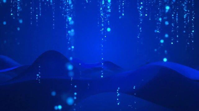 Abstract flowing blue waves with sparkling light particles falling like rain creating a calming atmospheric background
