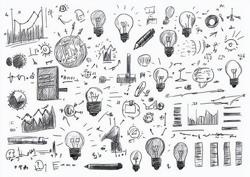 pen and pencil brainstorming sketches of light bulbs, charts, arrows, gears and notes conveying energetic creative idea flow and planning