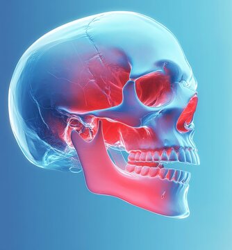 Translucent blue human skull in side profile with glowing red jaw and facial areas indicating pain and inflammation, clinical anatomical visualization conveying discomfort