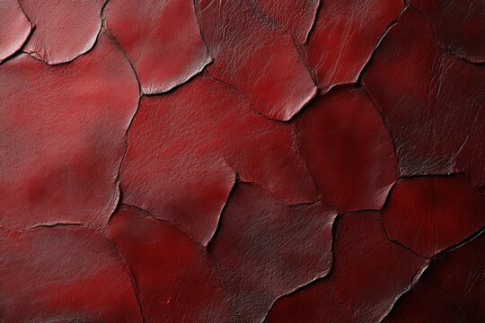 close-up of dark red cracked peeling surface with layered leathery segments and curled edges, dramatic moody texture
