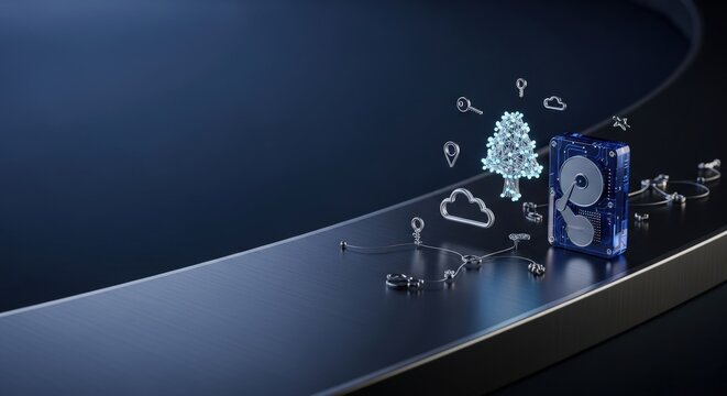 Conceptual Digital Estate Macro with Sapphire Glass Hard Drive and Silver Family Tree on Navy Ceramic