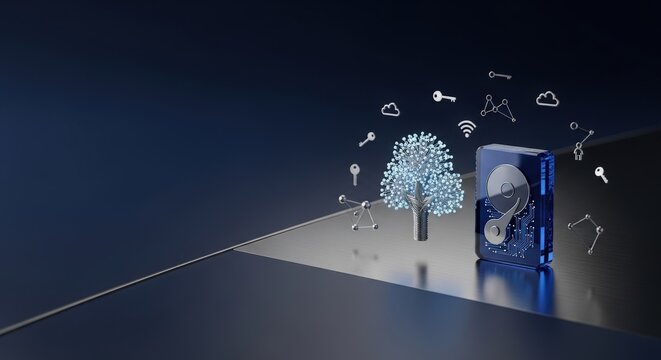 Conceptual Digital Estate Macro with Sapphire Glass Hard Drive and Silver Family Tree on Navy Ceramic