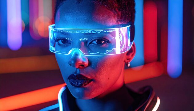 Empowered by Light A compelling close-up of a person with cutting-edge transparent visor glasses, bathed in vibrant blue and red neon, symbolizing innovation and the future of technology
